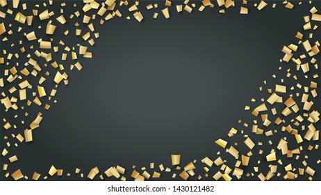 Golden Confetti Falling on Black Backdrop. Festive Pattern. Trendy Modern Luxury Template. Holiday Decoration Elements on Universal Background. Vector Background with Many Golden Confetti.