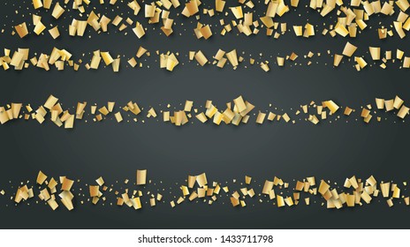 Golden Confetti Falling on Black Backdrop. Trendy Modern Luxury Template. Festive Pattern. Holiday Decoration Elements on Universal Background. Vector Background with Many Golden Confetti.