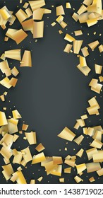 Golden Confetti Falling on Black Backdrop. Holiday Decoration Elements on Universal Background. Festive Pattern. Trendy Modern Luxury Template. Vector Background with Many Golden Confetti.