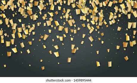 Golden Confetti Falling on Black Backdrop. Festive Pattern. Trendy Modern Luxury Template. Holiday Decoration Elements on Universal Background. Vector Background with Many Golden Confetti.