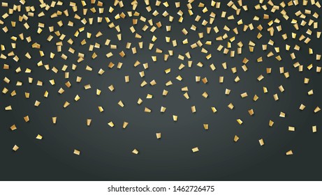 Golden Confetti Falling on Black Backdrop. Trendy Modern Luxury Template. Holiday Decoration Elements on Universal Background. Festive Pattern. Vector Background with Many Golden Confetti.