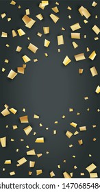 Golden Confetti Falling on Black Backdrop. Festive Pattern. Trendy Modern Luxury Template. Holiday Decoration Elements on Universal Background. Vector Background with Many Golden Confetti.