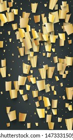 Golden Confetti Falling on Black Backdrop. Festive Pattern. Trendy Modern Luxury Template. Holiday Decoration Elements on Universal Background. Vector Background with Many Golden Confetti.