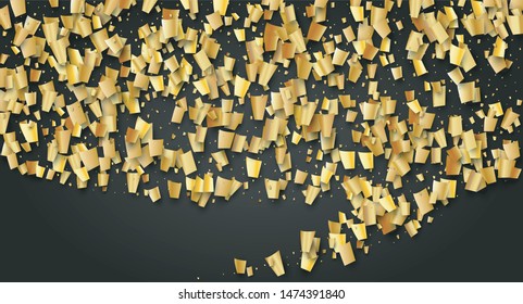 Golden Confetti Falling on Black Backdrop. Holiday Decoration Elements on Universal Background. Festive Pattern. Trendy Modern Luxury Template. Vector Background with Many Golden Confetti.