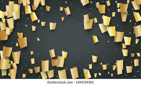 Golden Confetti Falling on Black Backdrop. Holiday Decoration Elements on Universal Background. Trendy Modern Luxury Template. Festive Pattern. Vector Background with Many Golden Confetti.