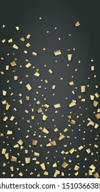 Golden Confetti Falling on Black Backdrop. Festive Pattern. Holiday Decoration Elements on Universal Background. Trendy Modern Luxury Template. Vector Background with Many Golden Confetti.