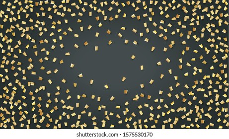 Golden Confetti Falling on Black Backdrop. Festive Pattern. Trendy Modern Luxury Template. Holiday Decoration Elements on Universal Background. Vector Background with Many Golden Confetti.