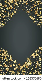 Golden Confetti Falling on Black Backdrop. Festive Pattern. Holiday Decoration Elements on Universal Background. Trendy Modern Luxury Template. Vector Background with Many Golden Confetti.