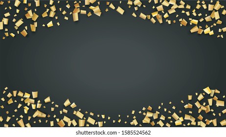 Golden Confetti Falling on Black Backdrop. Trendy Modern Luxury Template. Festive Pattern. Holiday Decoration Elements on Universal Background. Vector Background with Many Golden Confetti.
