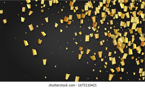 Golden Confetti Falling on Black Backdrop. Trendy Modern Luxury Template. Festive Pattern. Holiday Decoration Elements on Universal Background. Vector Background with Many Golden Confetti.