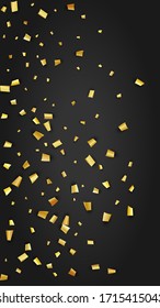 Golden Confetti Falling on Black Backdrop. Trendy Modern Luxury Template. Holiday Decoration Elements on Universal Background. Festive Pattern. Vector Background with Many Golden Confetti.