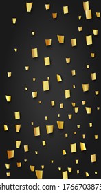 Golden Confetti Falling on Black Backdrop. Festive Pattern. Trendy Modern Luxury Template. Holiday Decoration Elements on Universal Background. Vector Background with Many Golden Confetti.