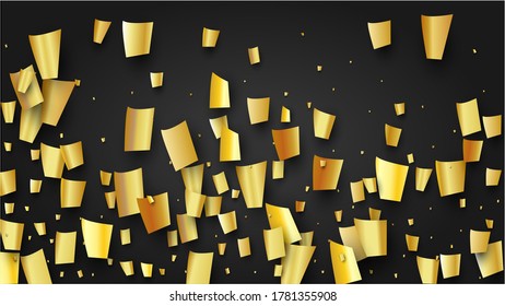 Golden Confetti Falling on Black Backdrop. Festive Pattern. Trendy Modern Luxury Template. Holiday Decoration Elements on Universal Background. Vector Background with Many Golden Confetti.