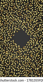 Golden Confetti Falling on Black Backdrop. Festive Pattern. Trendy Modern Luxury Template. Holiday Decoration Elements on Universal Background. Vector Background with Many Golden Confetti.