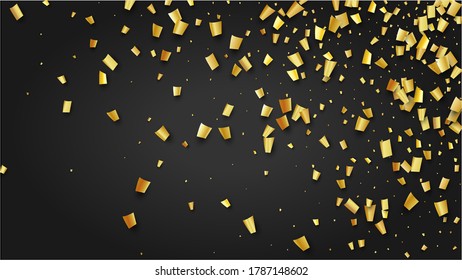 Golden Confetti Falling on Black Backdrop. Festive Pattern. Trendy Modern Luxury Template. Holiday Decoration Elements on Universal Background. Vector Background with Many Golden Confetti.