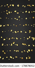 Golden Confetti Falling on Black Backdrop. Trendy Modern Luxury Template. Holiday Decoration Elements on Universal Background. Festive Pattern. Vector Background with Many Golden Confetti.