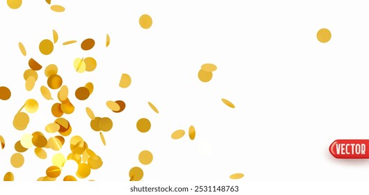 Golden confetti falling on light white background. Confetti realistic round flat design for banners or party themes. Bright festive tinsel of gold color. Vector illustration