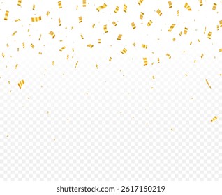 Golden confetti falling on transparent background: celebration, party, or festive event design element.