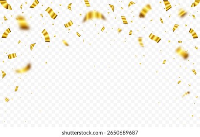 Golden confetti falling on transparent background, Confetti celebration party background. Birthday party backdrop. Holiday design elements. Vector illustration