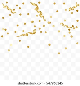 Golden Confetti Falling On Transparent Background. Vector