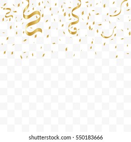 Golden Confetti Falling On Transparent Background. Vector Illustration