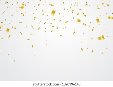 Golden Confetti Falling On White Background. Vector Illustration