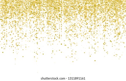 Golden confetti falling on white holiday background. Vector carnival glitter or party golden confetti background