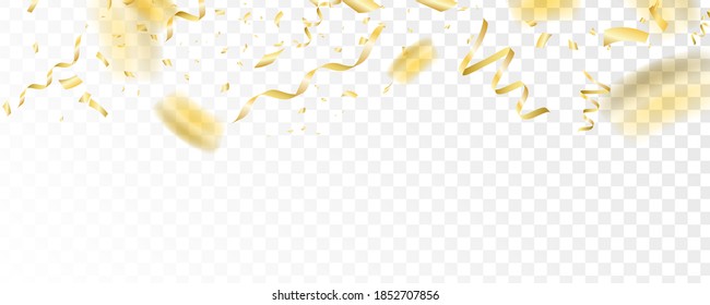 Golden confetti falling on white isolated background. Falls serpentine for holiday banner. Vector illustration. EPS 10