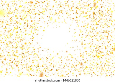 Golden confetti. Falling randomly glitter tinsel. Shiny isolated round particles on white background. Vector celebration illustration for carnival, party, anniversary or birthday