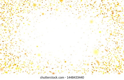 Golden confetti. Falling randomly glitter tinsel. Shiny isolated round particles on white background. Vector celebration illustration for carnival, party, anniversary or birthday