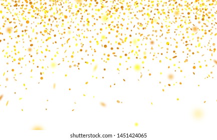 Golden confetti. Falling randomly glitter tinsel. Shiny isolated round particles on white background. Vector celebration illustration for carnival, party, anniversary or birthday