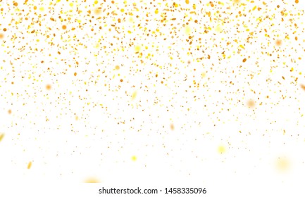 Golden confetti. Falling randomly glitter tinsel. Shiny isolated round particles on white background. Vector celebration illustration for carnival, party, anniversary or birthday