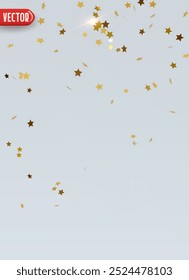 Golden confetti falling shapes stars on light background. Confetti realistic round flat design for banners or party themes. Bright festive tinsel of gold color. Vector illustration