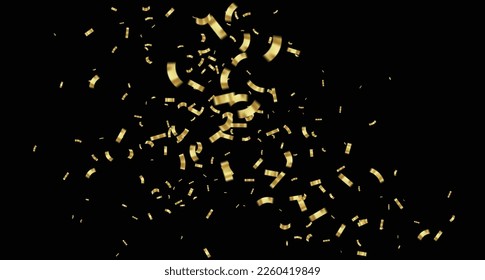 Golden confetti falling from the sky.3d metal confetti and ribbons,luxury background
