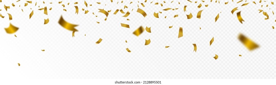 Golden confetti is falling. confetti, streamer, tinsel on a transparent background for the design of congratulations, invitations, gift cards and banners.
