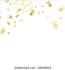 Golden confetti falls isolated over white background. Vector illustration.