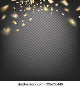 Golden confetti falls isolated over transparent background.  Gold template over black background with golden sparks. Happy new year 2016. Vector illustration.