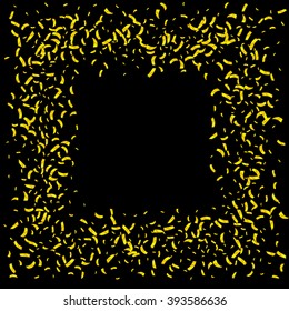 Golden confetti falls isolated over black background. Golden splash or glittering spangles confetti. Many falling tiny gold confetti pieces.