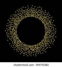 Golden confetti falls isolated over black background. Use for creative invitation for party, holiday, wedding, birthday.