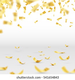 Golden confetti falls isolated over grey background. Vector illustration.