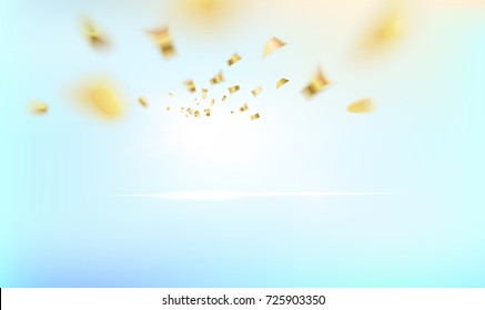 Golden confetti falls isolated over blue background. Happy new year card over blue background with golden sparks. Vector illustration.