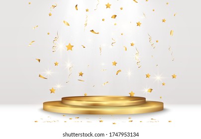 
Golden confetti falls on a beautiful podium. Falling streamers on a pedestal.