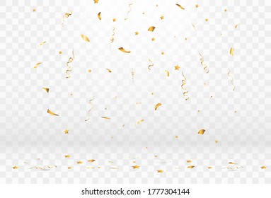 Golden confetti falls on a beautiful background. Falling streamers on stage.