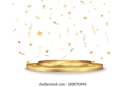 Golden confetti falls on a beautiful podium. Falling streamers on a pedestal.