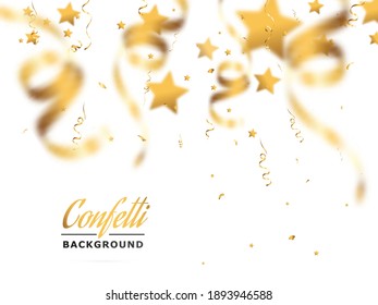 Golden confetti falls on a beautiful background. Falling streamers on stage.	
