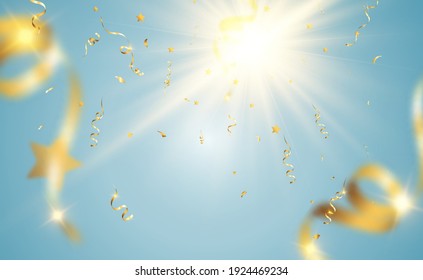 Golden confetti falls on a beautiful background. Falling streamers on stage.