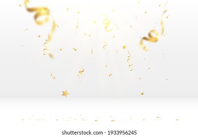 Golden confetti falls on a beautiful background. Falling streamers on stage.	
