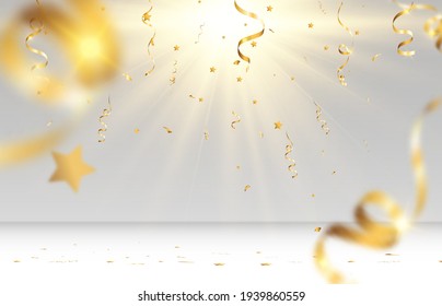 Golden confetti falls on a beautiful background. Falling streamers on stage.