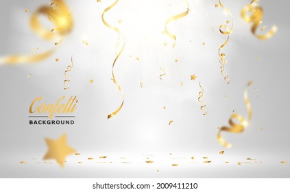 Golden confetti falls on a beautiful background. Falling streamers on stage.	
