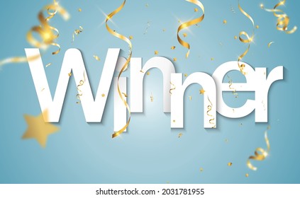 Golden confetti falls on a beautiful background. Falling streamers on stage.